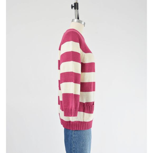 Vintage 80s Striped White Raspberry Acrylic Raglan Sleeve Sweater with Pocket - Picture 5 of 8